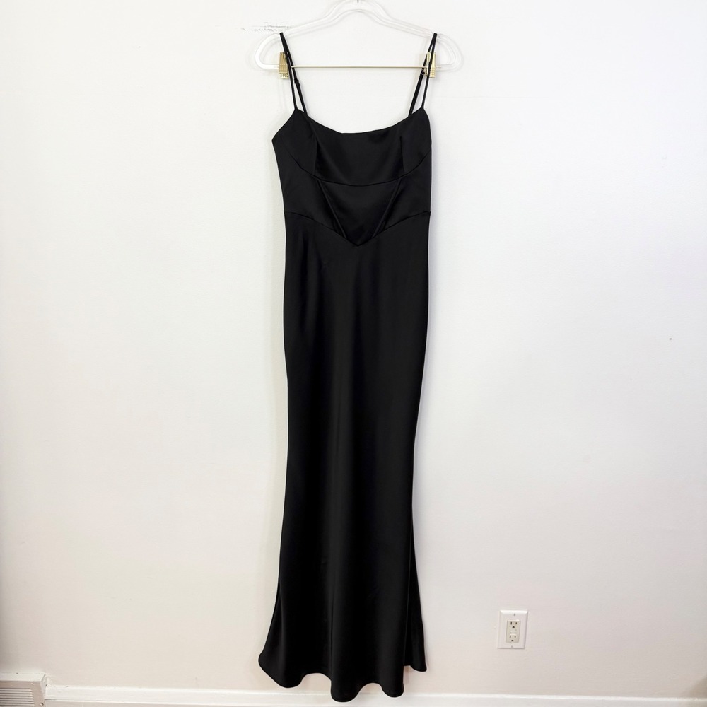 Meshki Black Corset Satin Maxi Dress Spaghetti Strap Formal Gown Size M - Picture 3 of 7